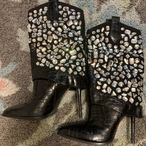 Black Rhinestone Boots Patent Leather